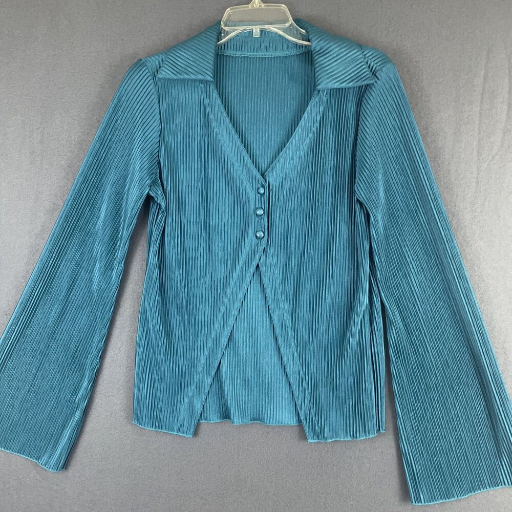 LYANER Women's Deep V Neck Button Front Bell Long Sleeve Blouse Shirt Top Sz L